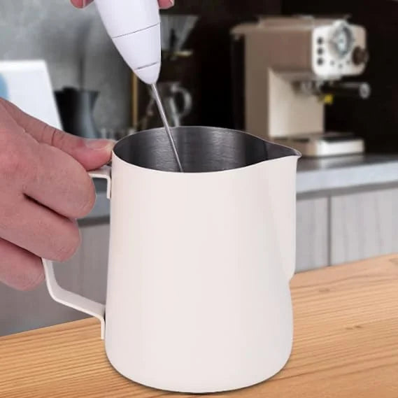 The file Crop_350ml_Stainless_Steel_Milk_Pitcher_White.webp shows a matte white 350ml premium 304 stainless steel coffee milk pitcher featuring an ergonomic handle and a precision pour spout.