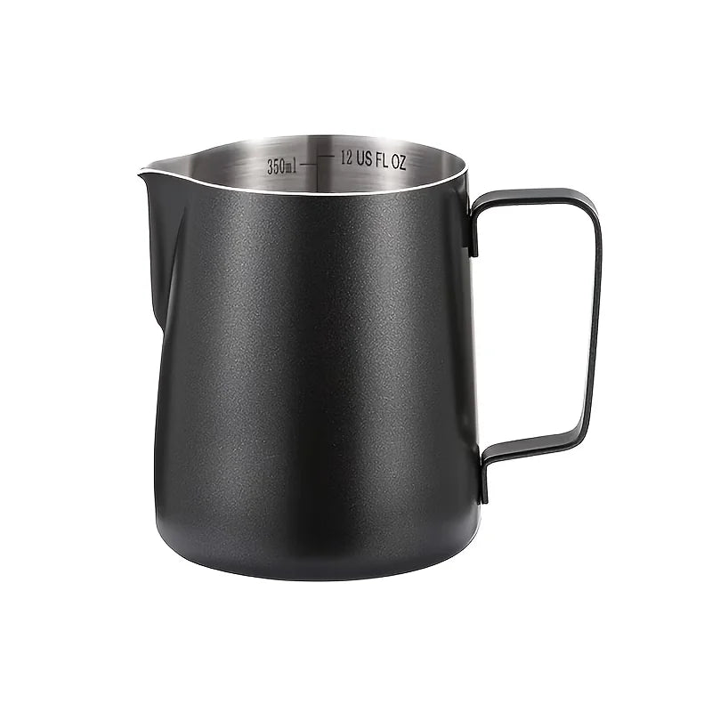A matte black 350ml premium 304 stainless steel coffee milk pitcher featuring an ergonomic handle and a precision pour spout.
