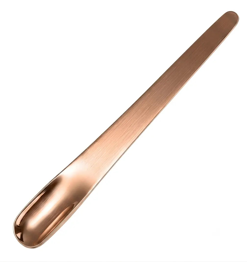 Four 410 Stainless Steel Espresso Spoons by Crop in matte black, silver, gold, and rose gold finishes.