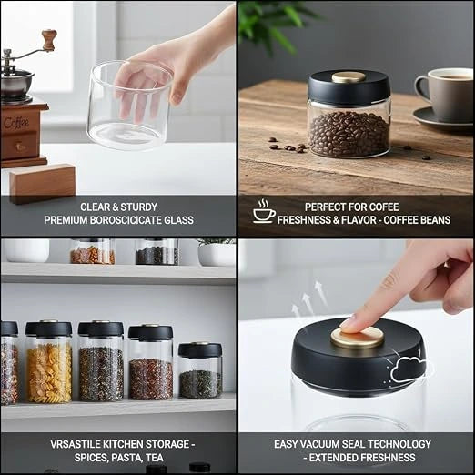 An airtight Crop borosilicate glass vacuum container filled with roasted coffee beans, featuring a sleek black lid and a gold vacuum pump button.