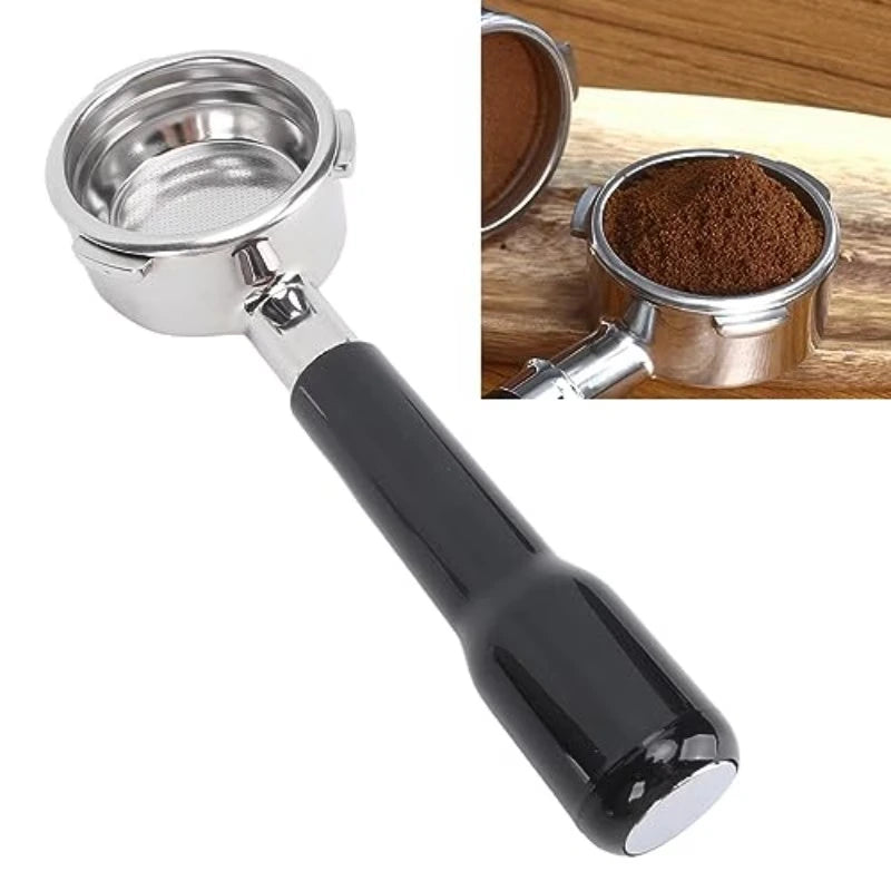 Crop Cafe espresso portafilter with a chrome-finished filter head, stainless steel basket, and sleek black ergonomic handle.