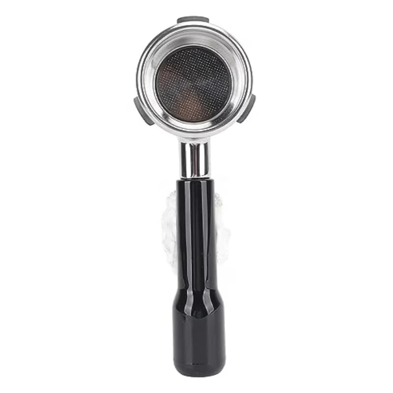 Crop Cafe espresso portafilter with a chrome-finished filter head, stainless steel basket, and sleek black ergonomic handle.