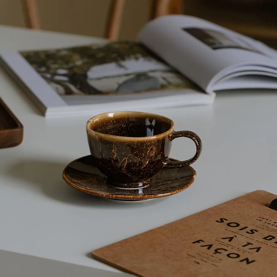 Crop 180ml Ceramic Coffee Cup and Saucer in dark brown and beige sand ceramic finish