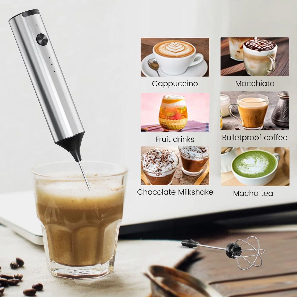 Crop Cafe electric milk frother wand resting on its sleek stainless steel countertop storage and charging stand.