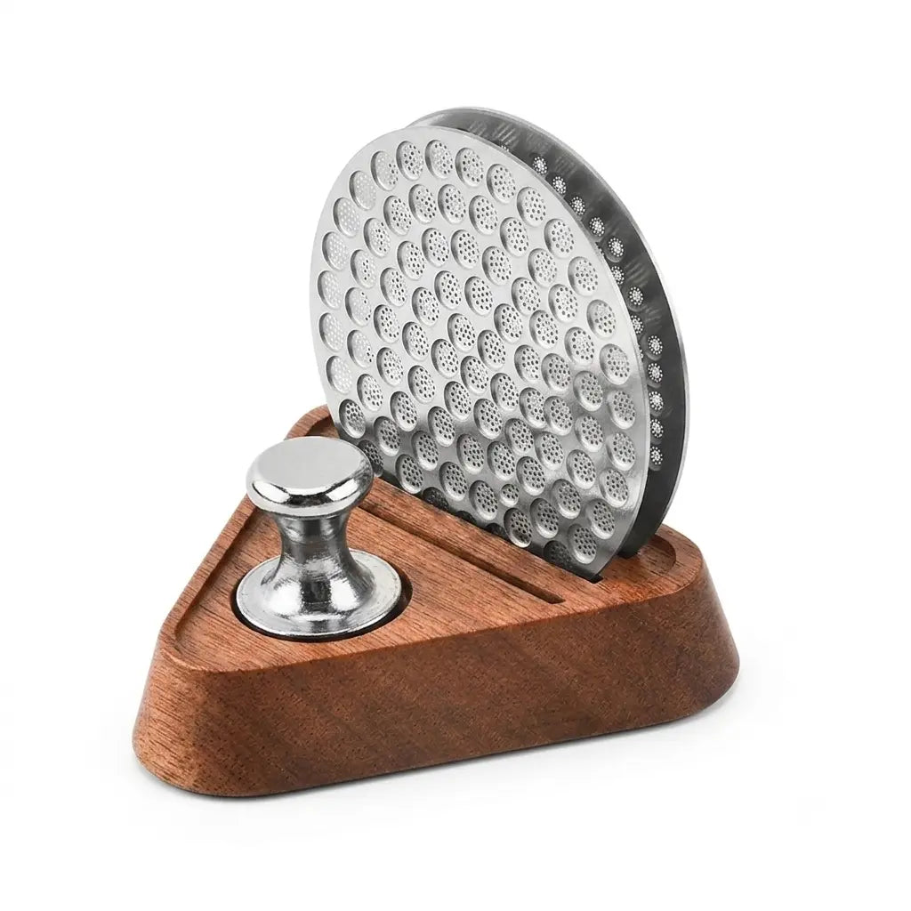 Crop Magnetic Puck Screen and Wooden Base Set with a silver metal puck screen resting on a triangular walnut wood stand.