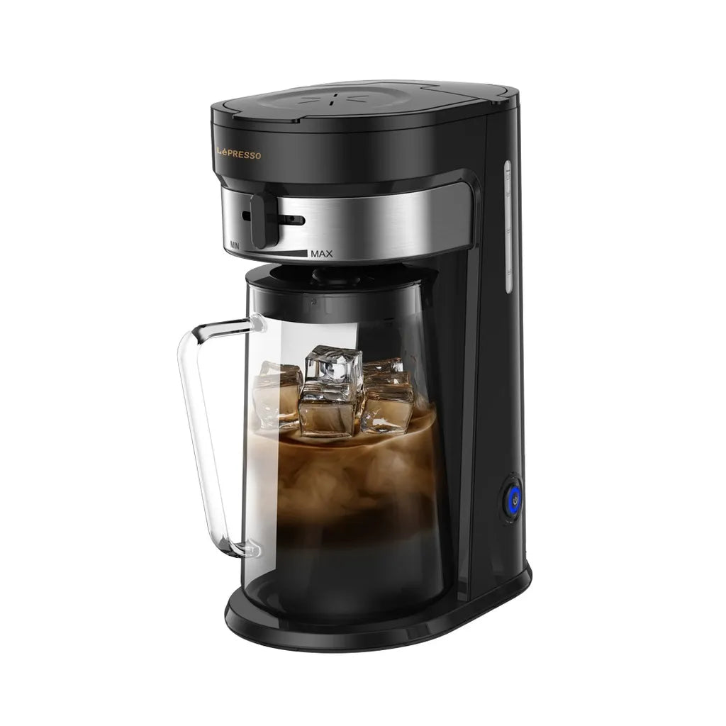 LePresso black cold brew machine for iced coffee and hot tea with large filter basket