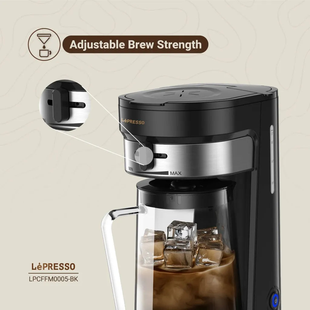 LePresso cold brew machine black detail view showing pitcher capacity and brew strength controls