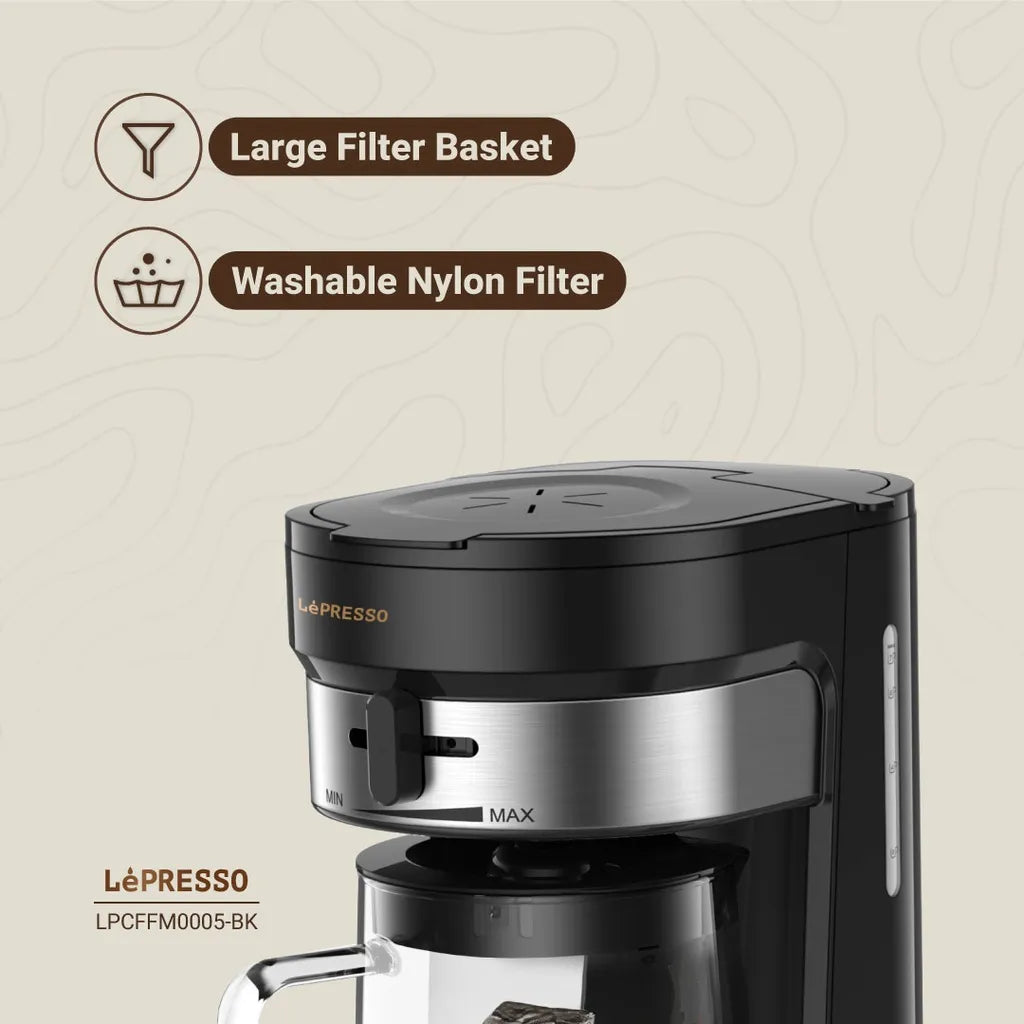 LePresso cold brew machine black detail view showing pitcher capacity and brew strength controls