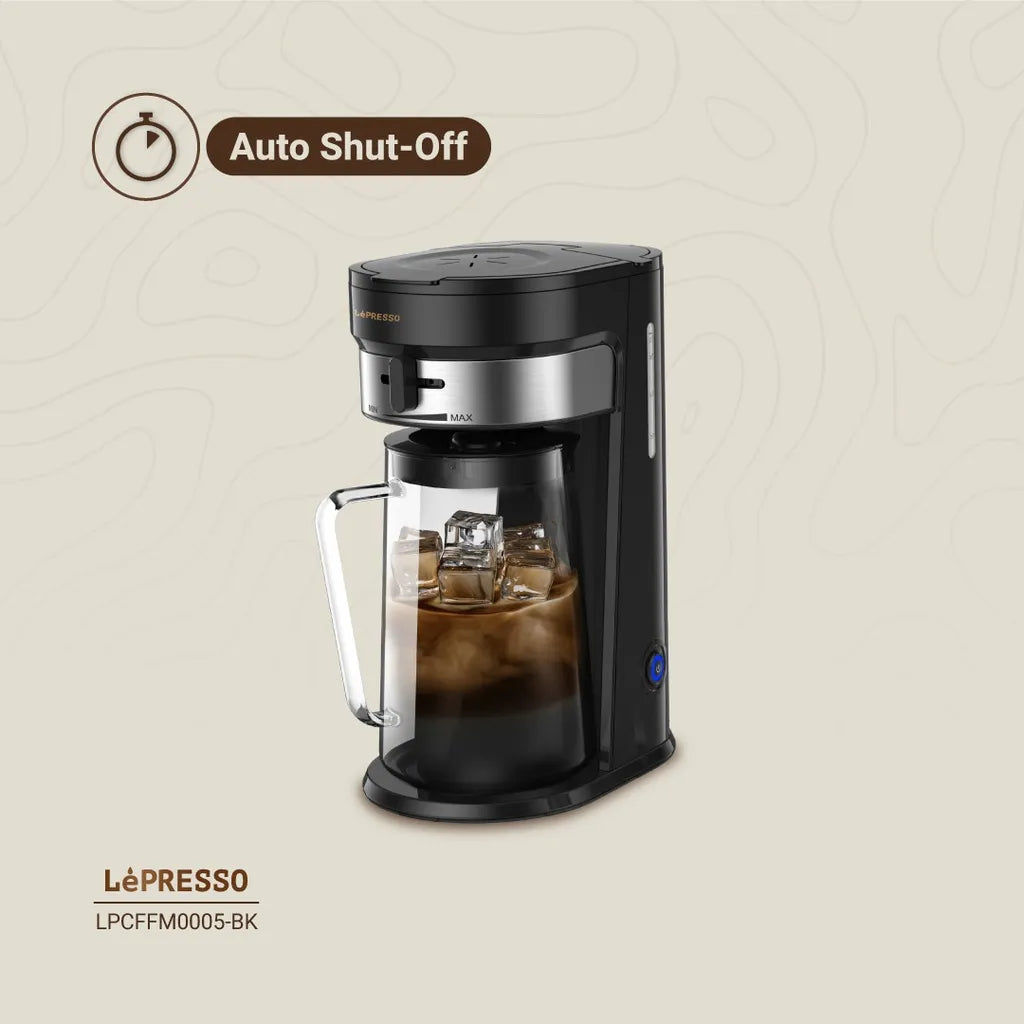 LePresso cold brew machine black detail view showing pitcher capacity and brew strength controls