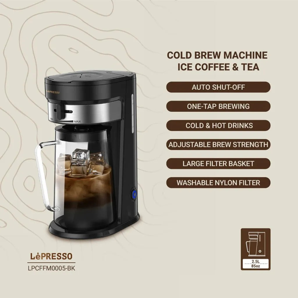 LePresso cold brew machine black detail view showing pitcher capacity and brew strength controls