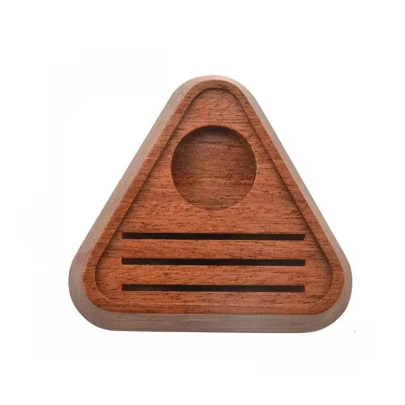 Crop Magnetic Puck Screen and Wooden Base Set with a silver metal puck screen resting on a triangular walnut wood stand