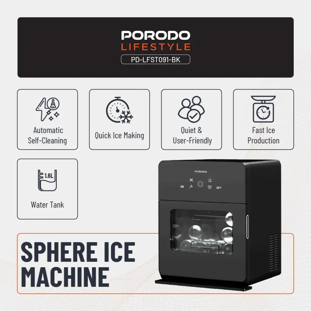 Porodo Lifestyle Sphere Shape Ice Maker Machine - Black