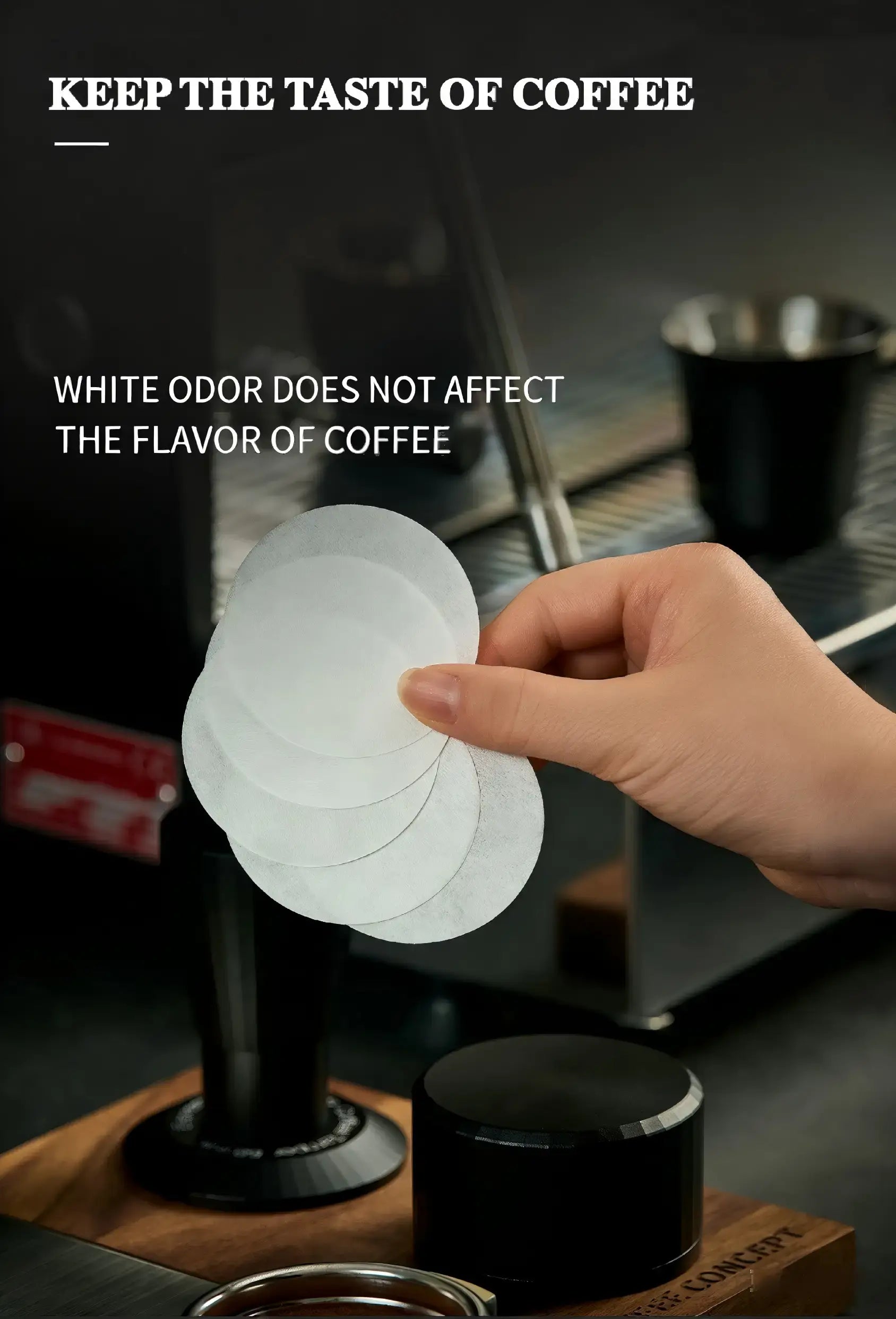 Round paper filter from the 100-Count Espresso Coffee Filter Papers pack placed inside a stainless steel portafilter.