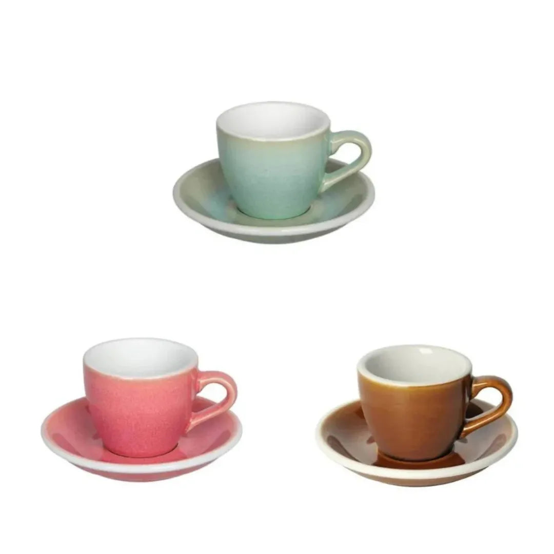 Crop 75ml Ceramic Espresso Cup & Saucer Set – Berry Pink, Basil Blue, Caramel variants