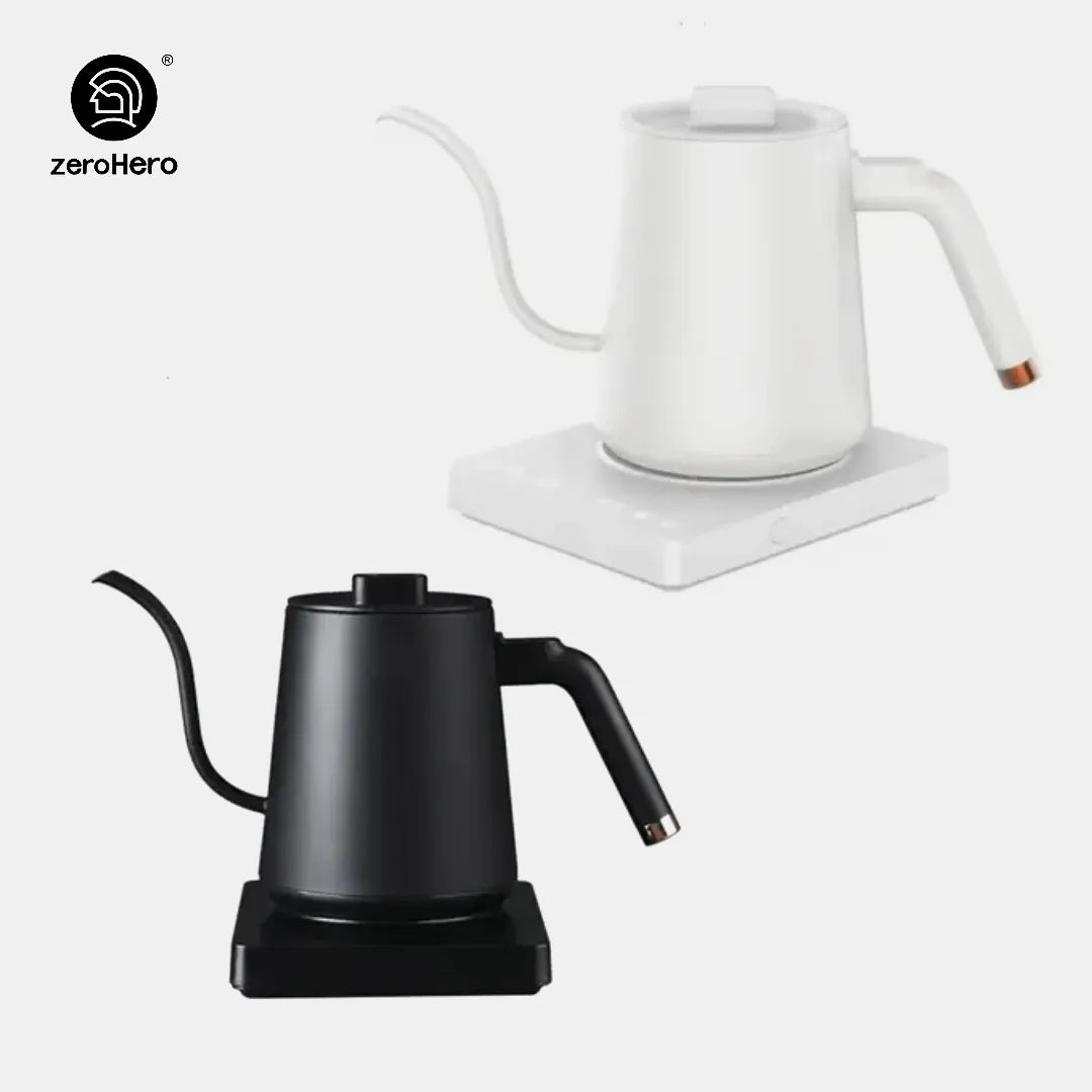 ZeroHero 600ml Electric Gooseneck Kettle 1200W STRIX thermostat 90° spout pour over Black White