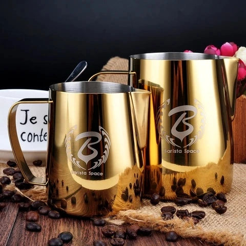 Barista Space Milk Pitchers / باريستا سبيس إبريق حليب Gold Milk Pitcher Jug available in 350ml and 600ml for latte art and milk frothing