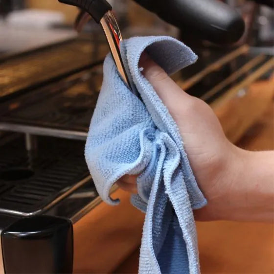 Rhino Coffee Gear barista cloth set 4 pack with brown coffee cloth, blue steam wand cloths and black multipurpose cloth