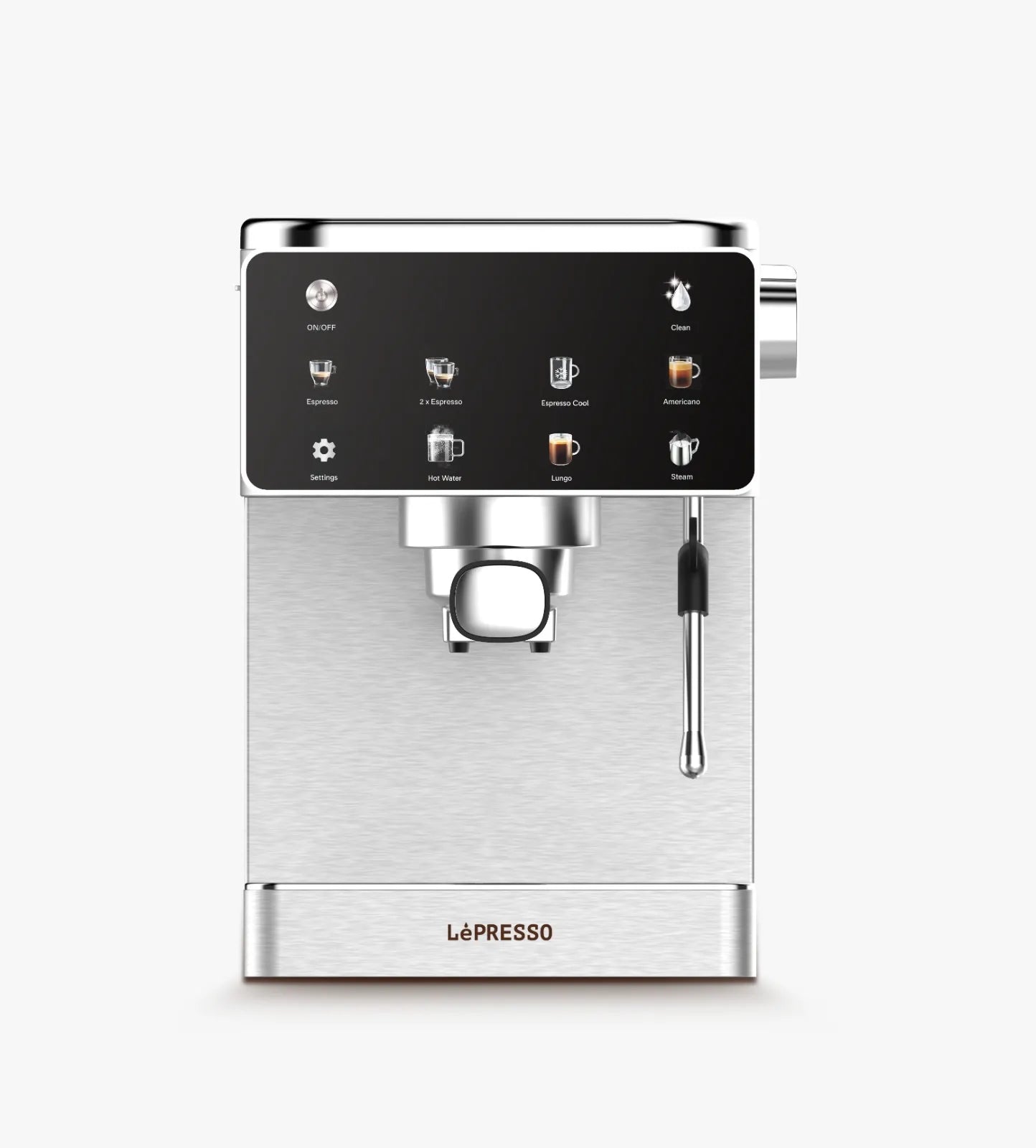 LePresso Macchina Di Lusso stainless steel espresso machine with steam wand and digital interface