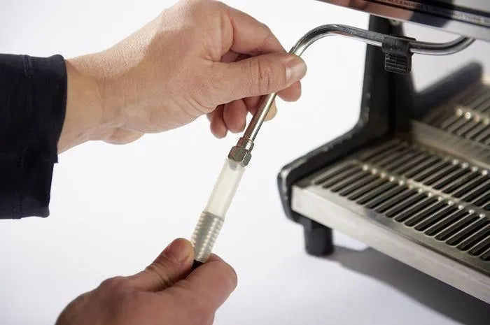 Joefrex Cleaning Steam Brush for espresso machine group head cleaning with silicone hose adaptor and spare bristles