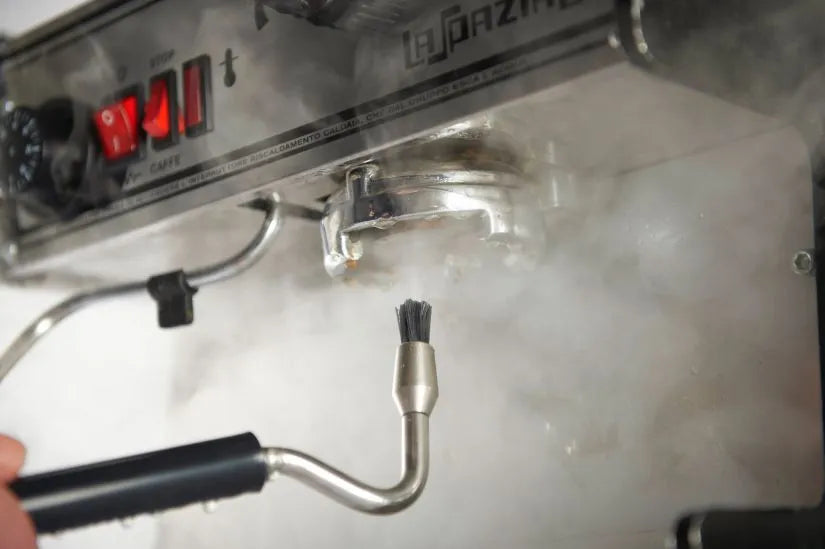 Joefrex Cleaning Steam Brush for espresso machine group head cleaning with silicone hose adaptor and spare bristles