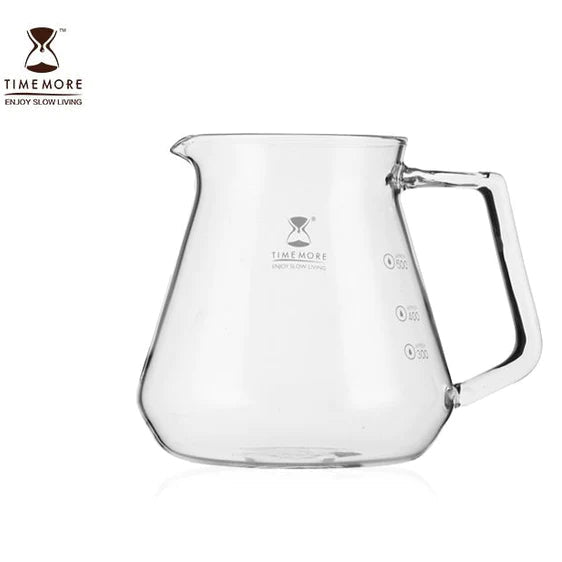 Timemore 600ml coffee server in Transparent White high borosilicate glass with V shaped spout and heat resistant handle
