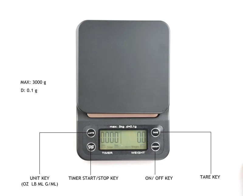 Crop Coffee Scale display – 0.1G precision, timer function, pour-over and espresso use