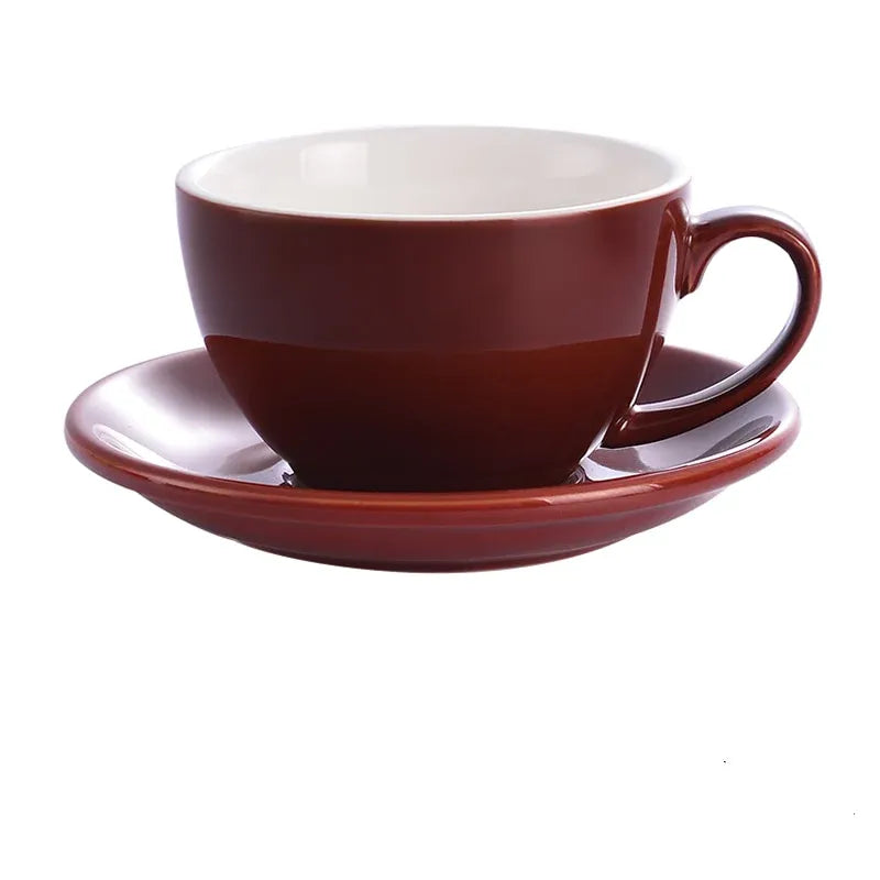 Crop 350ml Different Colors Ceramic Coffee Cup and Saucer for Latte brown 