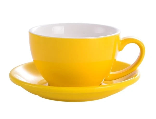 Crop 350ml Different Colors Ceramic Coffee Cup and Saucer for Latte yellow