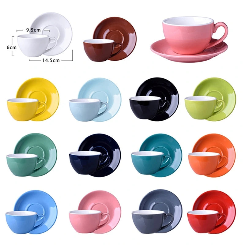 Crop 220ml ceramic coffee cup and saucer for cappuccino available in multiple porcelain color options
