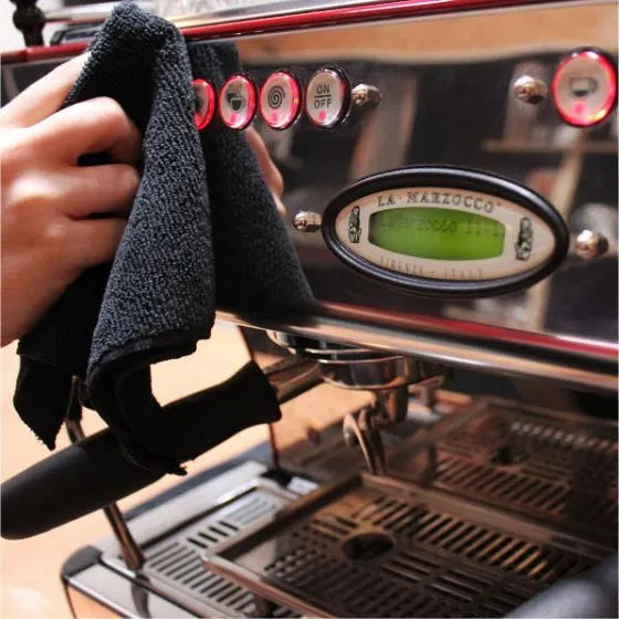 Rhino Coffee Gear barista cloth set 4 pack with brown coffee cloth, blue steam wand cloths and black multipurpose cloth