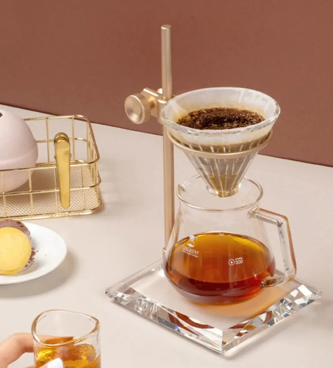 Timemore Muse Pour Over Stand Crystal Version crystal glass and brass with height adjustable ring and 360 degree rotation