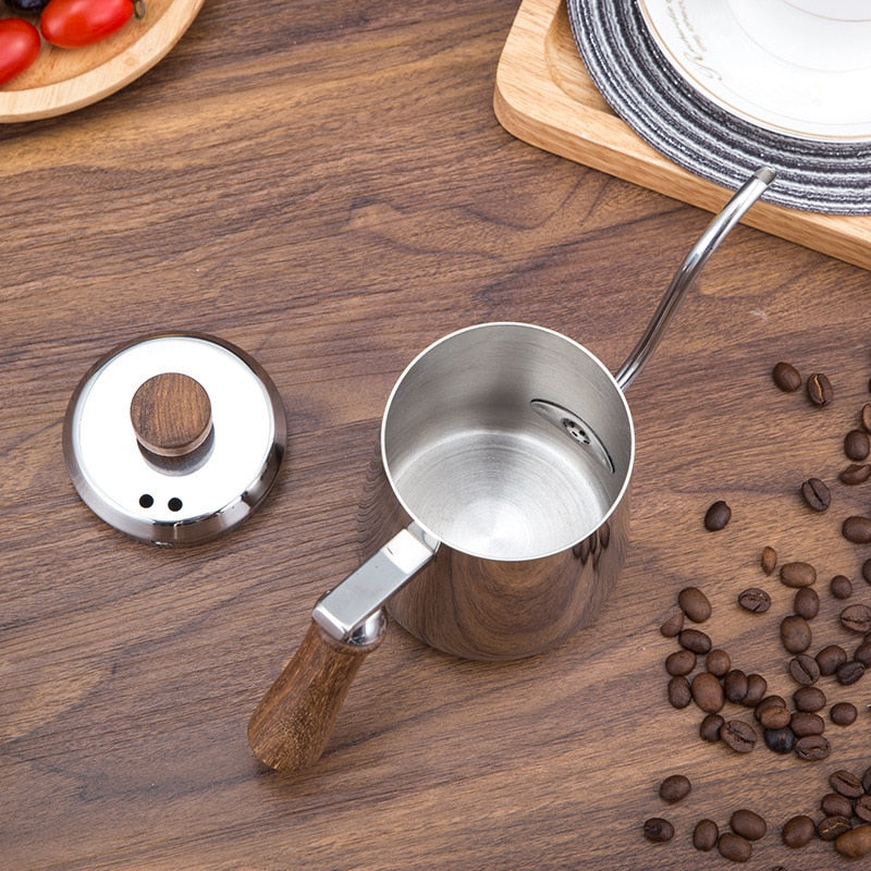 Crop 600ml Stainless Steel Long Narrow Gooseneck Coffee Kettle With Wood Handle